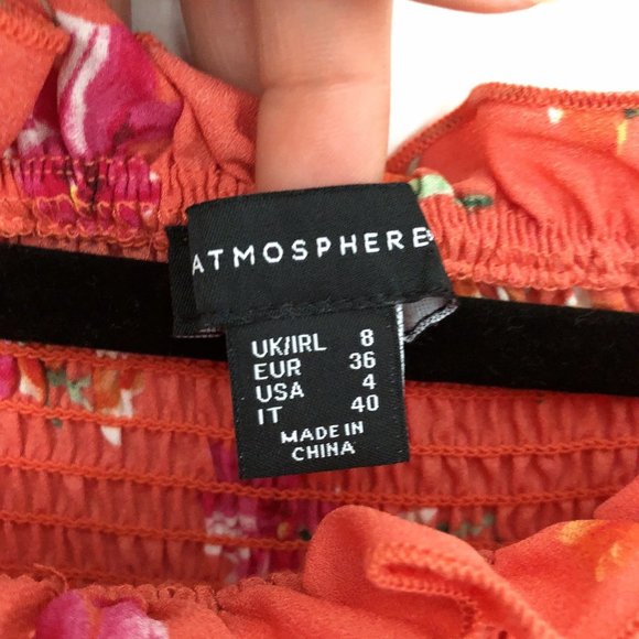 Atmosphere Off the Shoulder Smocked Red Orange Floral Top 4 - Picture 3 of 8